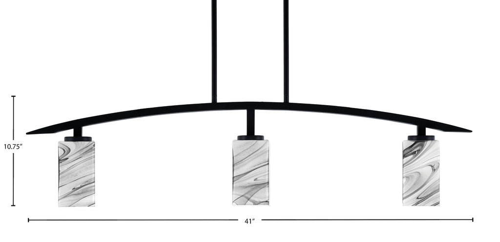 Kurve Three Light Island Pendant in Matte Black with Square Onyx Swirl Shade