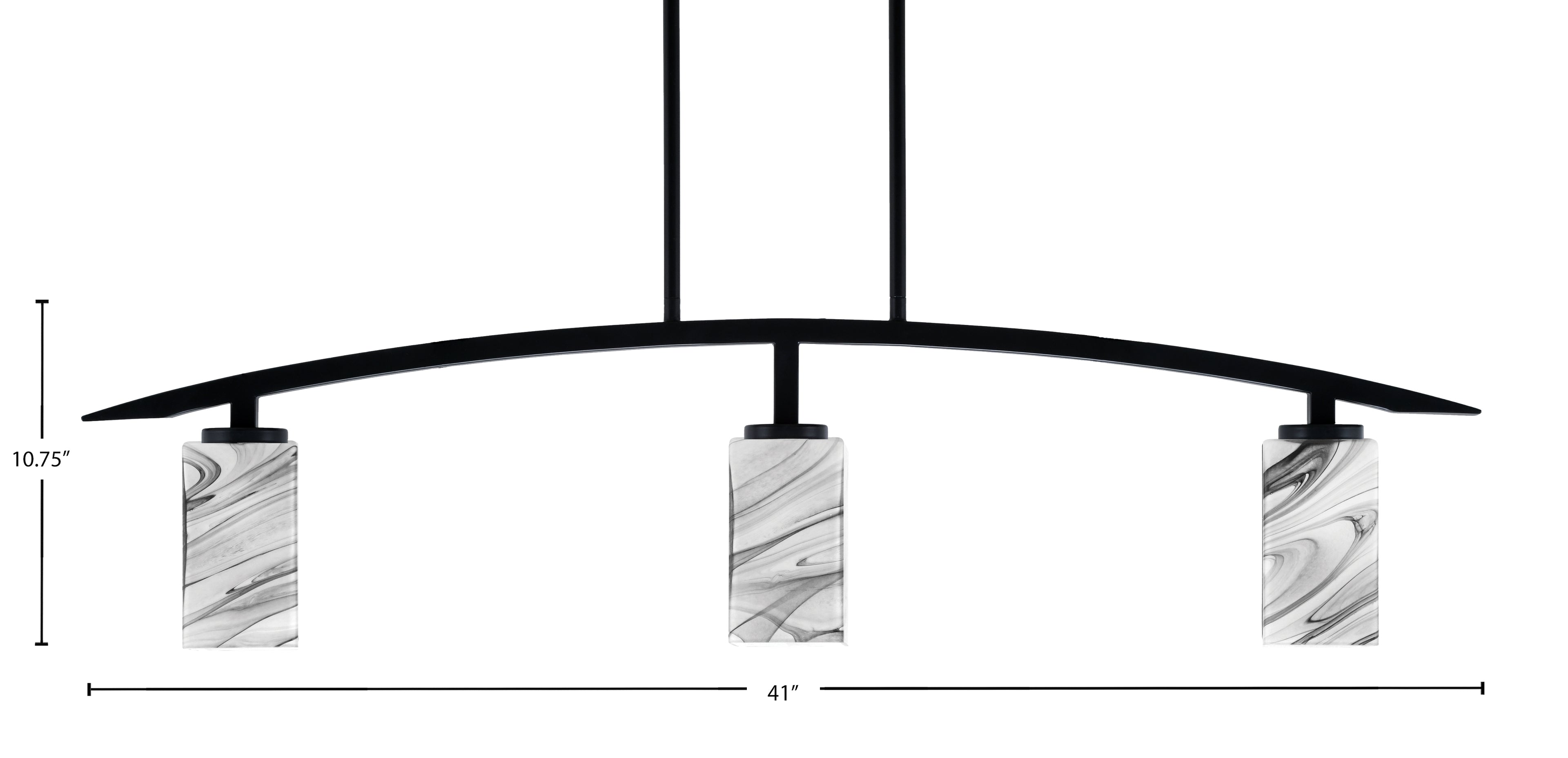 Kurve Three Light Island Pendant in Matte Black with Square Onyx Swirl Shade