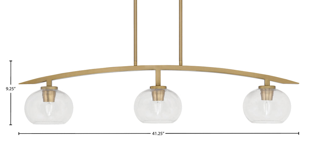 Kurve Three Light Island Pendant in New Age Brass with 7" Clear Bubble Shade