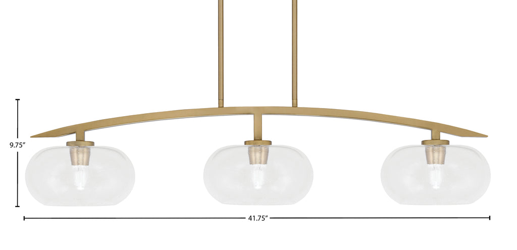 Kurve Three Light Island Pendant in New Age Brass with 10" Clear Bubble Shade