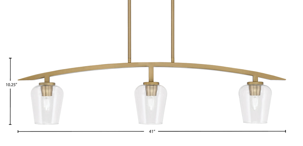 Kurve Three Light Island Pendant in New Age Brass with 5" Clear Bubble Shade