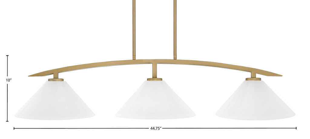 Kurve Three Light Island Pendant in New Age Brass with 12" White Marble Shade