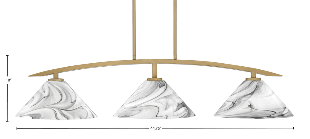Kurve Three Light Island Pendant in New Age Brass with 12" Onyx Swirl Shade