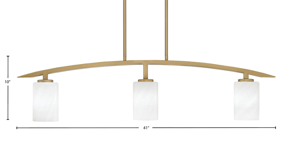 Kurve Three Light Island Pendant in New Age Brass with 4" White Marble Shade