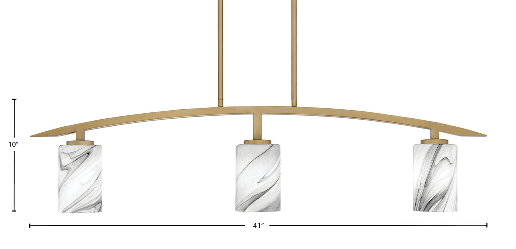Kurve Three Light Island Pendant in New Age Brass with 4" Onyx Swirl Shade