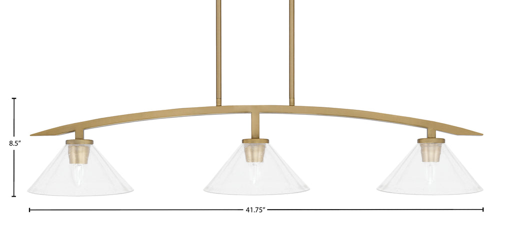 Kurve Three Light Island Pendant in New Age Brass with 10" Clear Bubble Shade