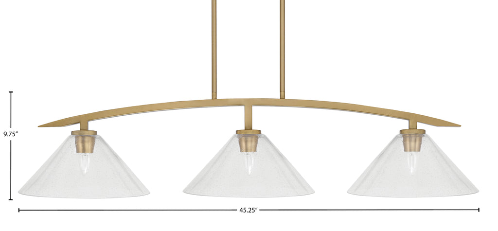 Kurve Three Light Island Pendant in New Age Brass with 12" Clear Bubble Shade