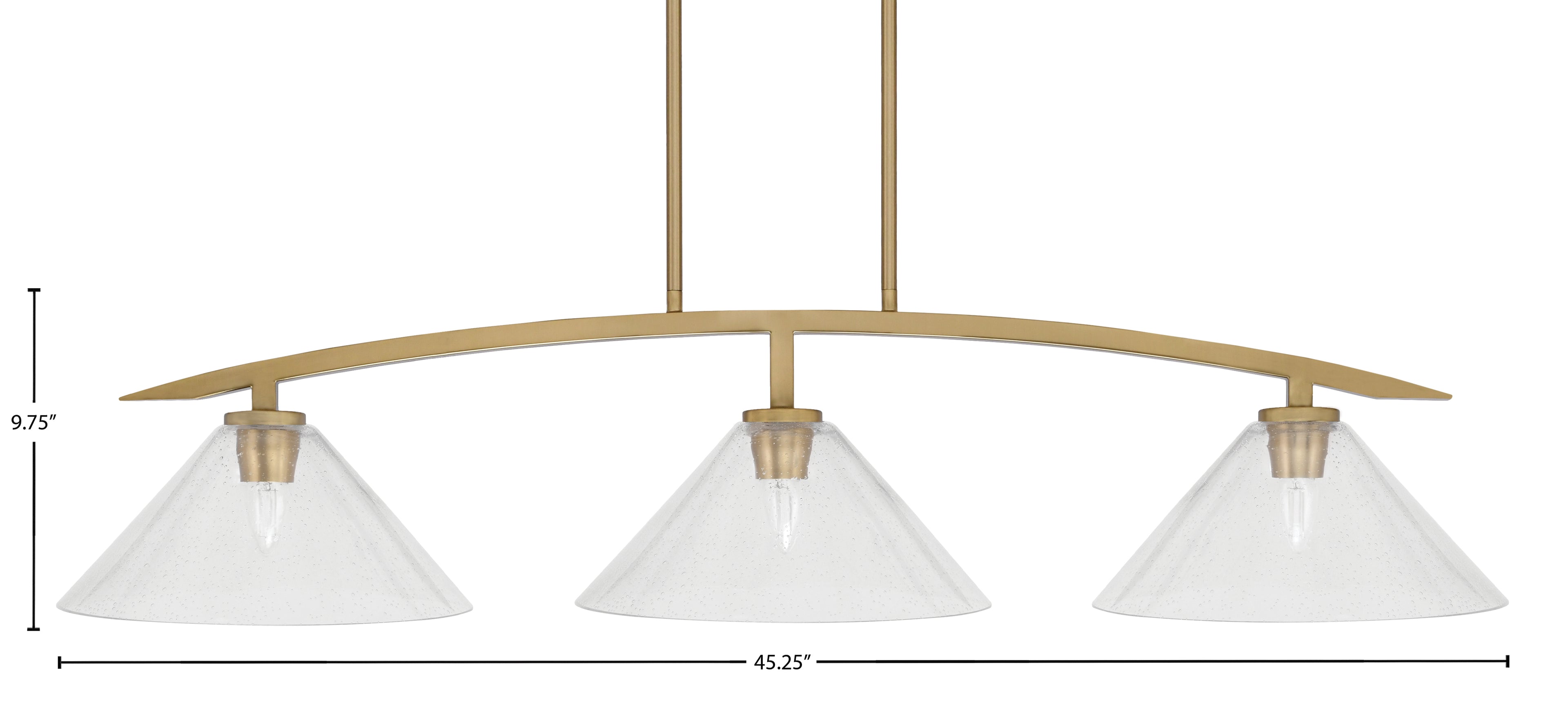Kurve Three Light Island Pendant in New Age Brass with 12" Clear Bubble Shade