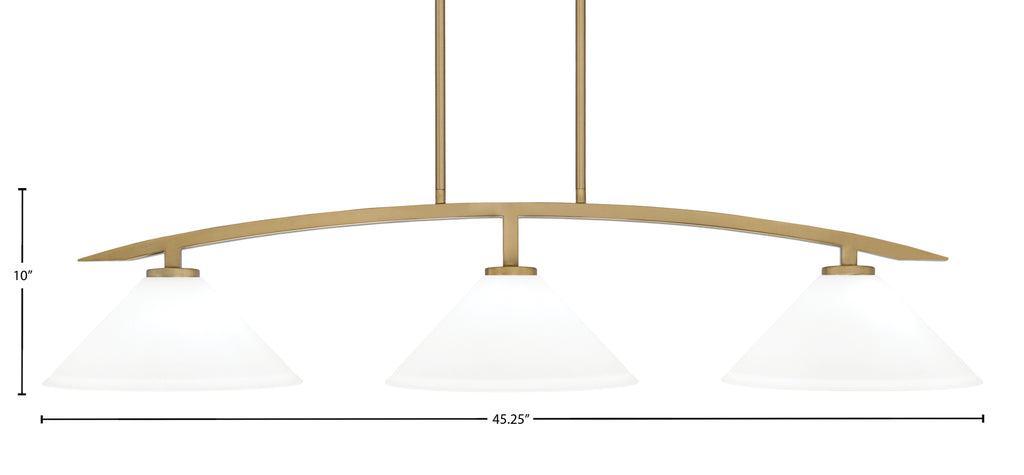 Kurve Three Light Island Pendant in New Age Brass with 12" White Muslin Shade