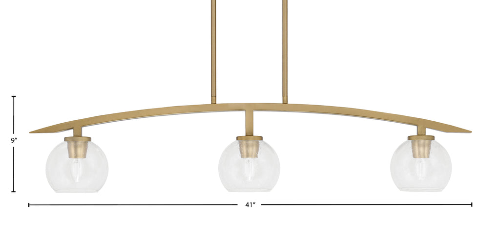 Kurve Three Light Island Pendant in New Age Brass with 5.75" Clear Bubble Shade