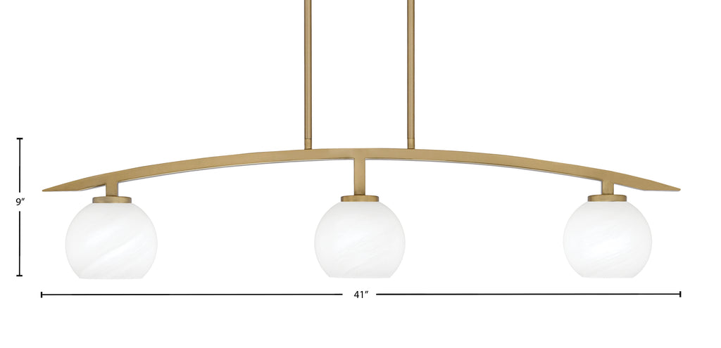 Kurve Three Light Island Pendant in New Age Brass with 5.75" White Marble Shade