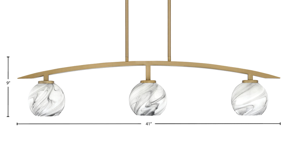 Kurve Three Light Island Pendant in New Age Brass with 5.75" Onyx Swirl Shade