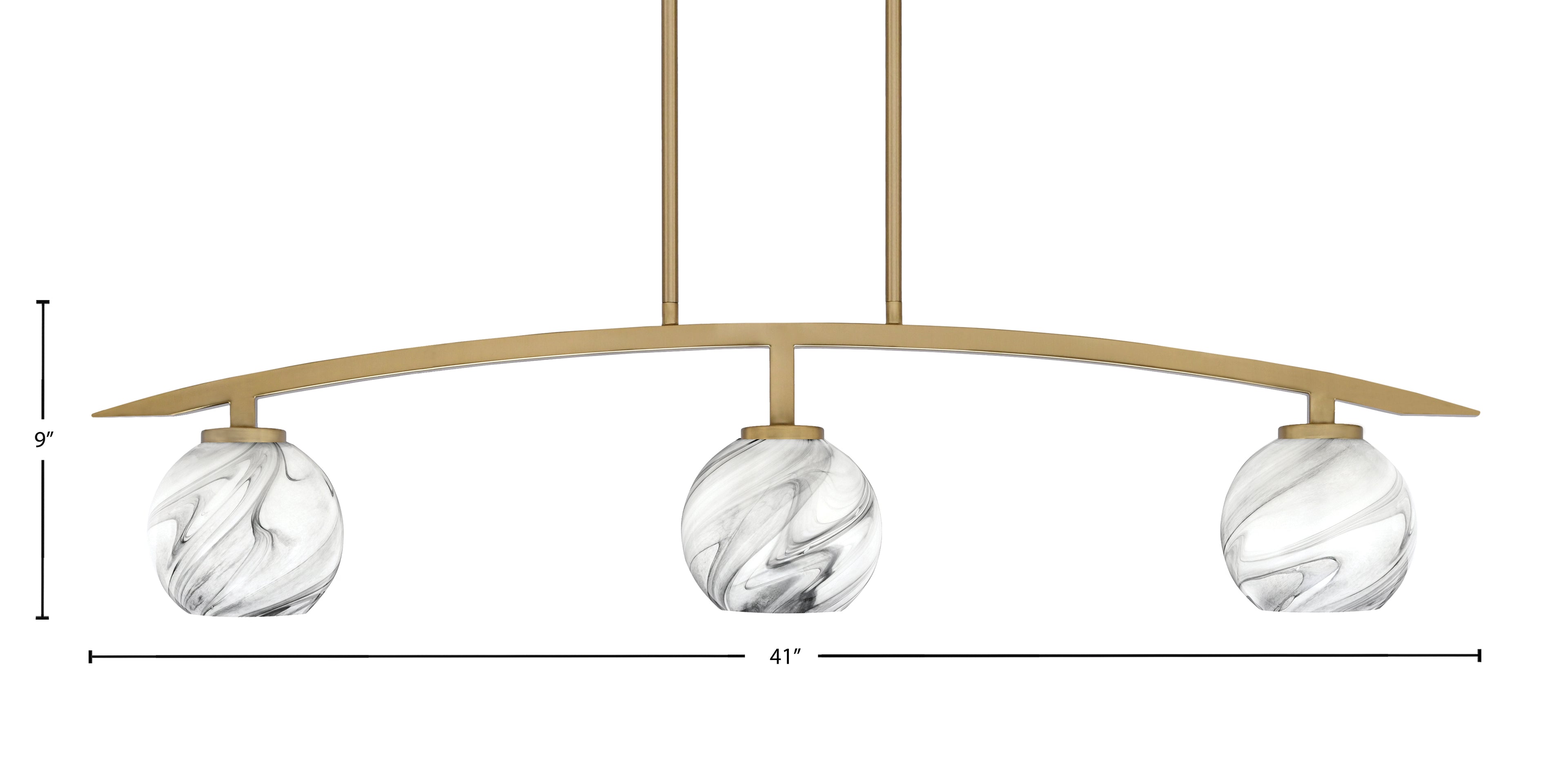 Kurve Three Light Island Pendant in New Age Brass with 5.75" Onyx Swirl Shade