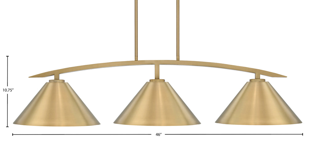 Kurve Three Light Island Pendant in New Age Brass with 14" New Age Brass Cone Metal Shades Shade
