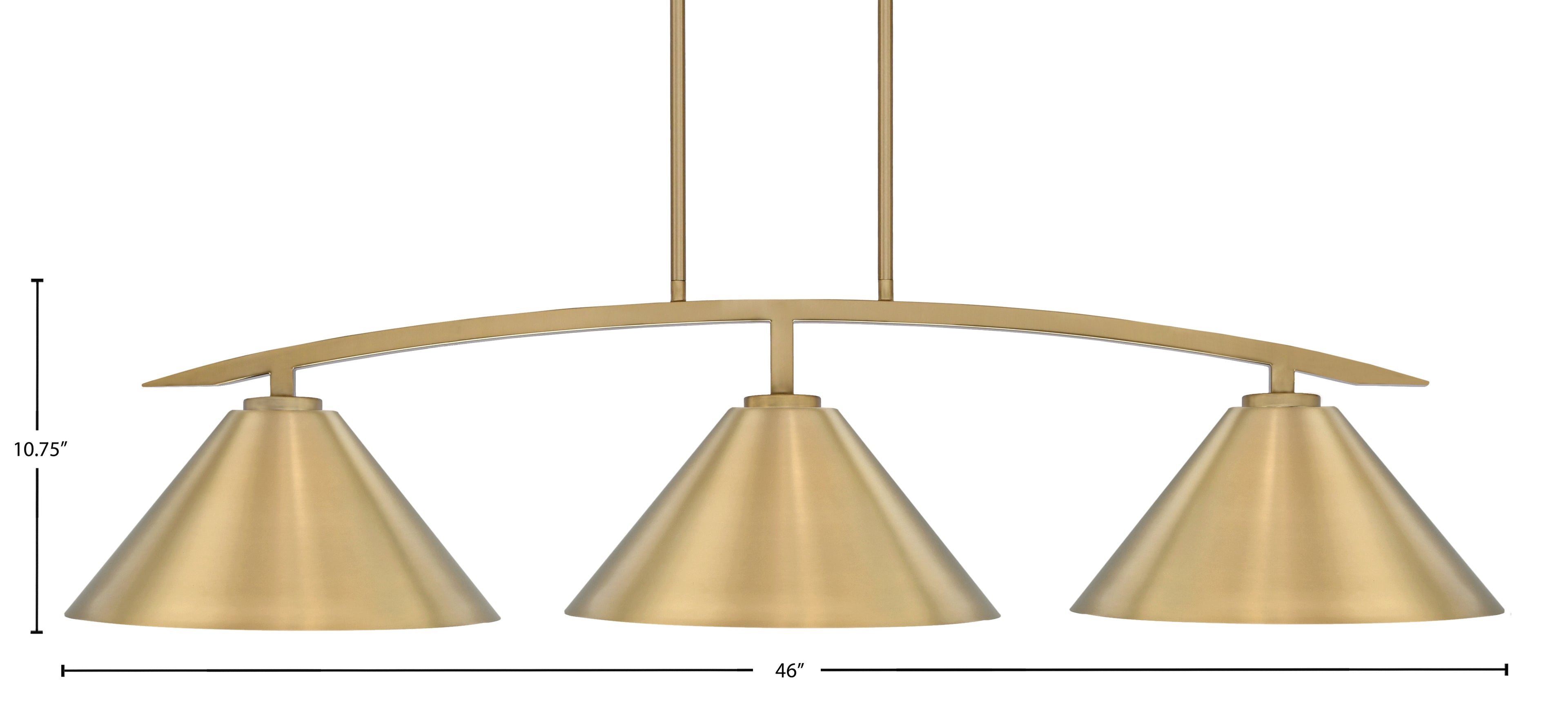 Kurve Three Light Island Pendant in New Age Brass with 14" New Age Brass Cone Metal Shades Shade