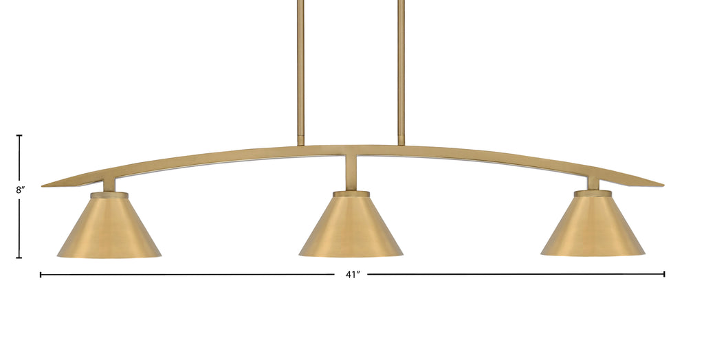 Kurve Three Light Island Pendant in New Age Brass with 7" New Age Brass Cone Metal Shades Shade