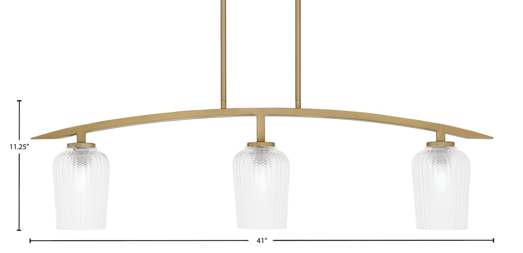 Kurve Three Light Island Pendant in New Age Brass with 5" Clear Textured Shade