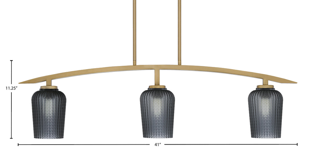 Kurve Three Light Island Pendant in New Age Brass with 5" Smoke Textured Shade