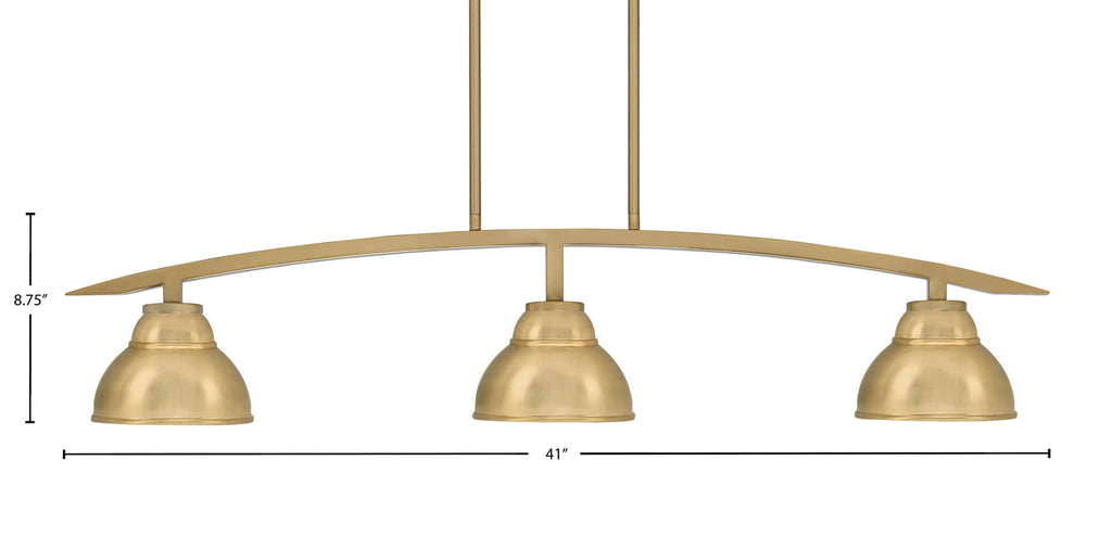 Kurve Three Light Island Pendant in New Age Brass with 7" New Age Brass Double Bubble Metal Shade Shade