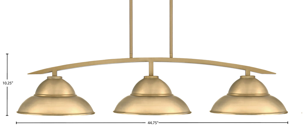 Kurve Three Light Island Pendant in New Age Brass with 13" New Age Brass Double Bubble Metal Shad Shade