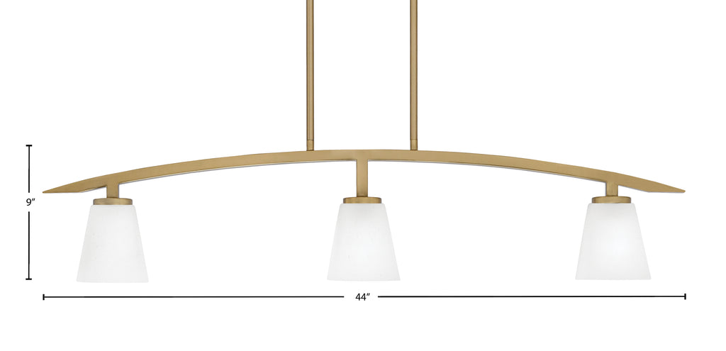 Kurve Three Light Island Pendant in New Age Brass with 4.5" White Muslin Shade