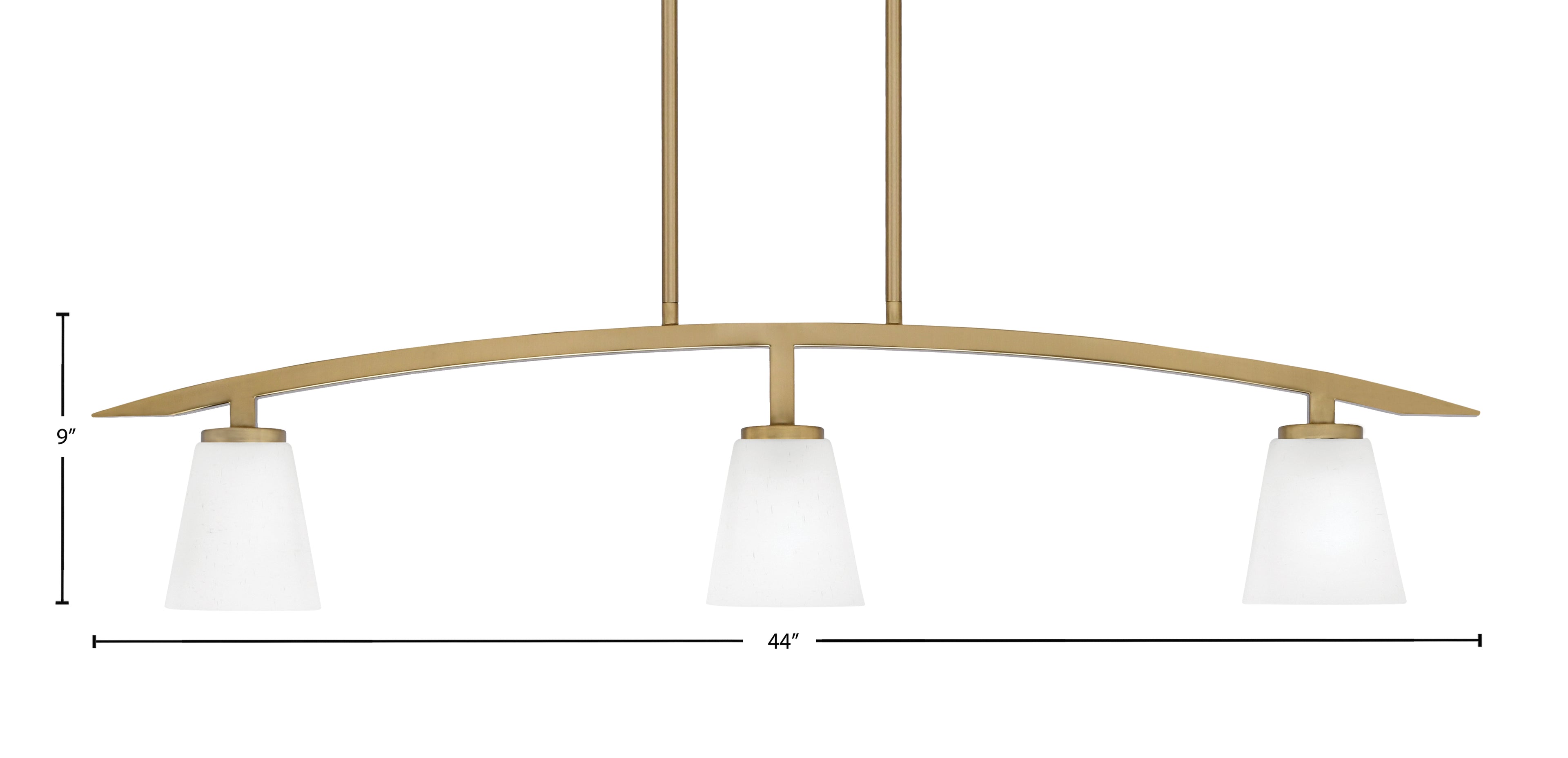 Kurve Three Light Island Pendant in New Age Brass with 4.5" White Muslin Shade