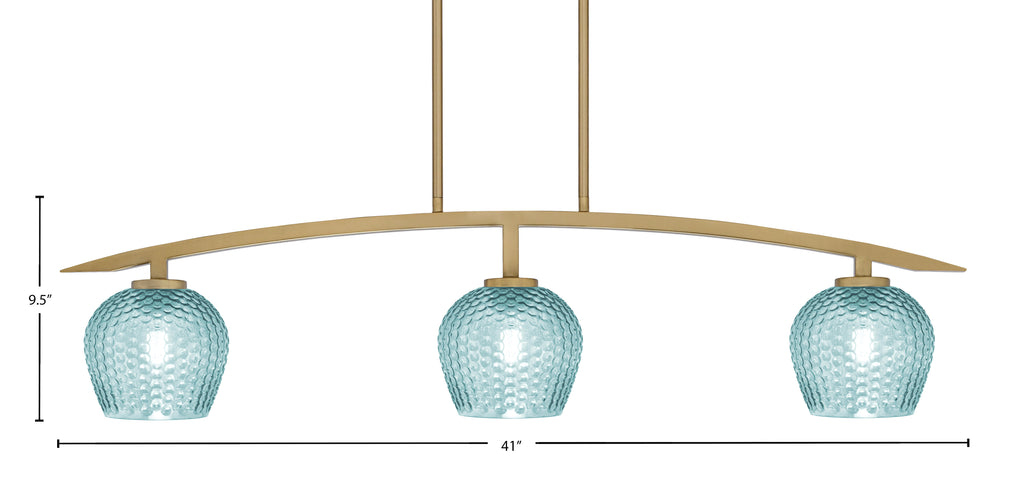 Kurve Three Light Island Pendant in New Age Brass with 6" Turquoise Textured Shade