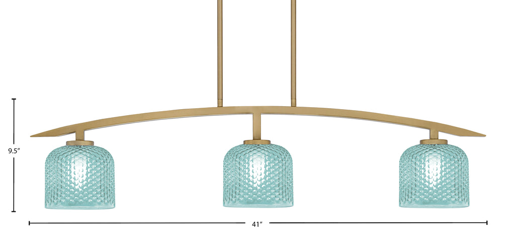 Kurve Three Light Island Pendant in New Age Brass with 6" Turquoise Textured Shade