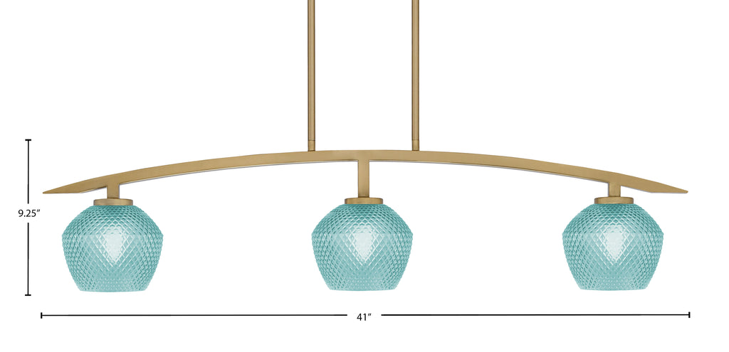 Kurve Three Light Island Pendant in New Age Brass with 6" Turquoise Textured Shade