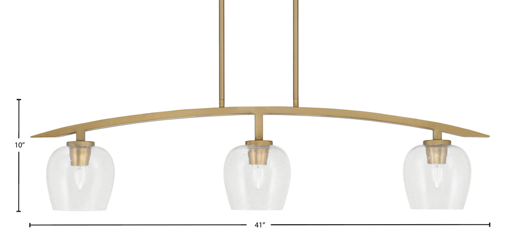 Kurve Three Light Island Pendant in New Age Brass with 6" Clear Bubble Shade