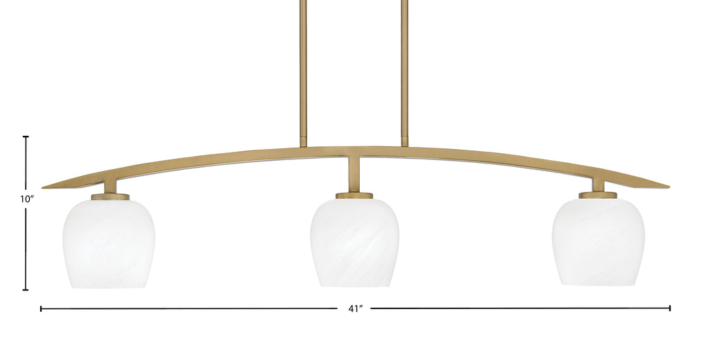 Kurve Three Light Island Pendant in New Age Brass with 6" White Marble Shade