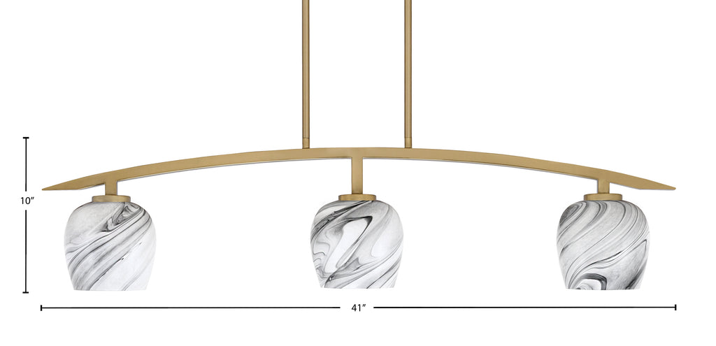 Kurve Three Light Island Pendant in New Age Brass with 6" Onyx Swirl Shade