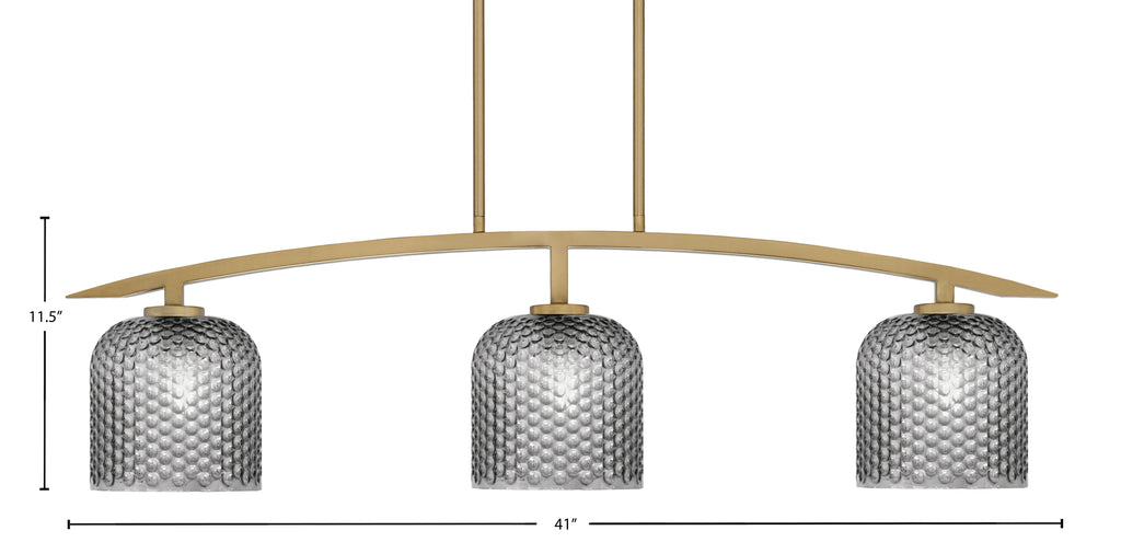 Kurve Three Light Island Pendant in New Age Brass with 7" Smoke Textured Shade