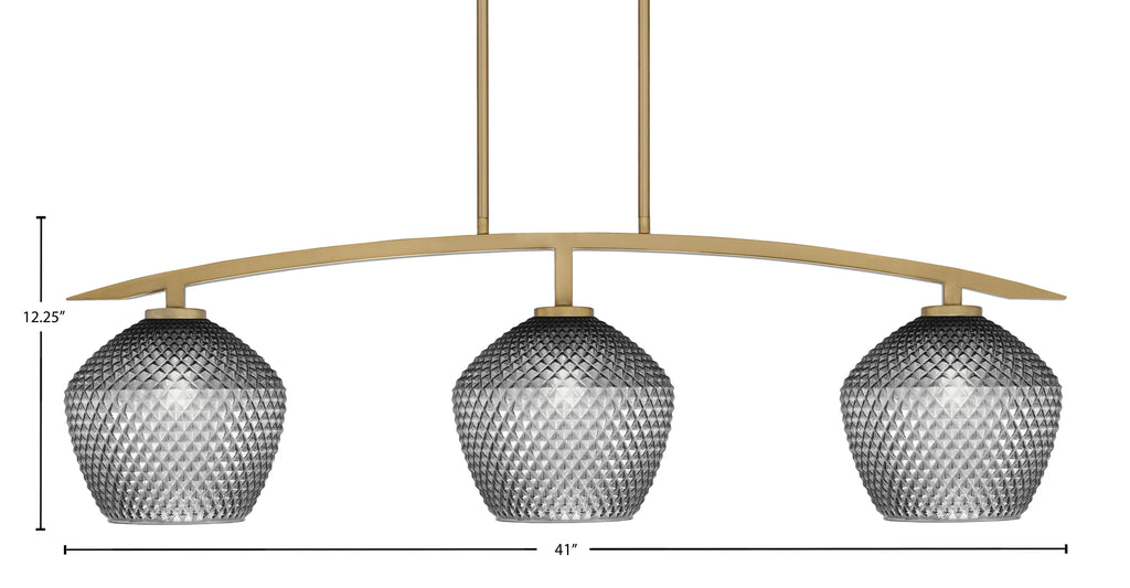 Kurve Three Light Island Pendant in New Age Brass with 9" Smoke Textured Shade