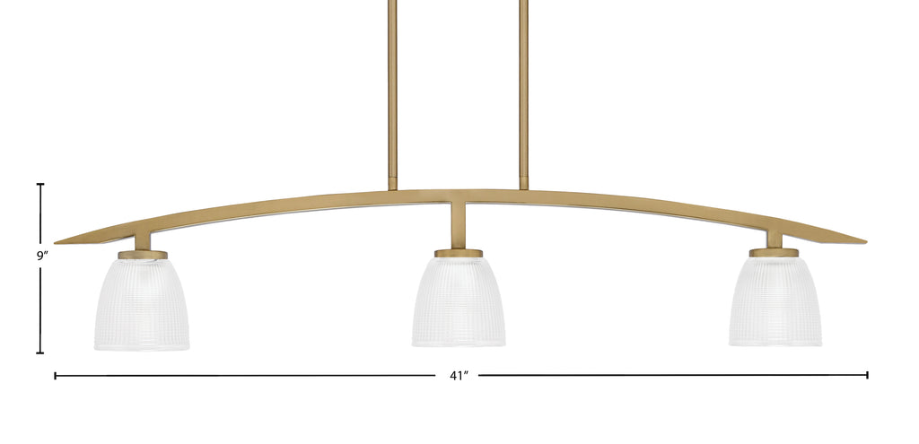 Kurve Three Light Island Pendant in New Age Brass with 5" Clear Ribbed Shade