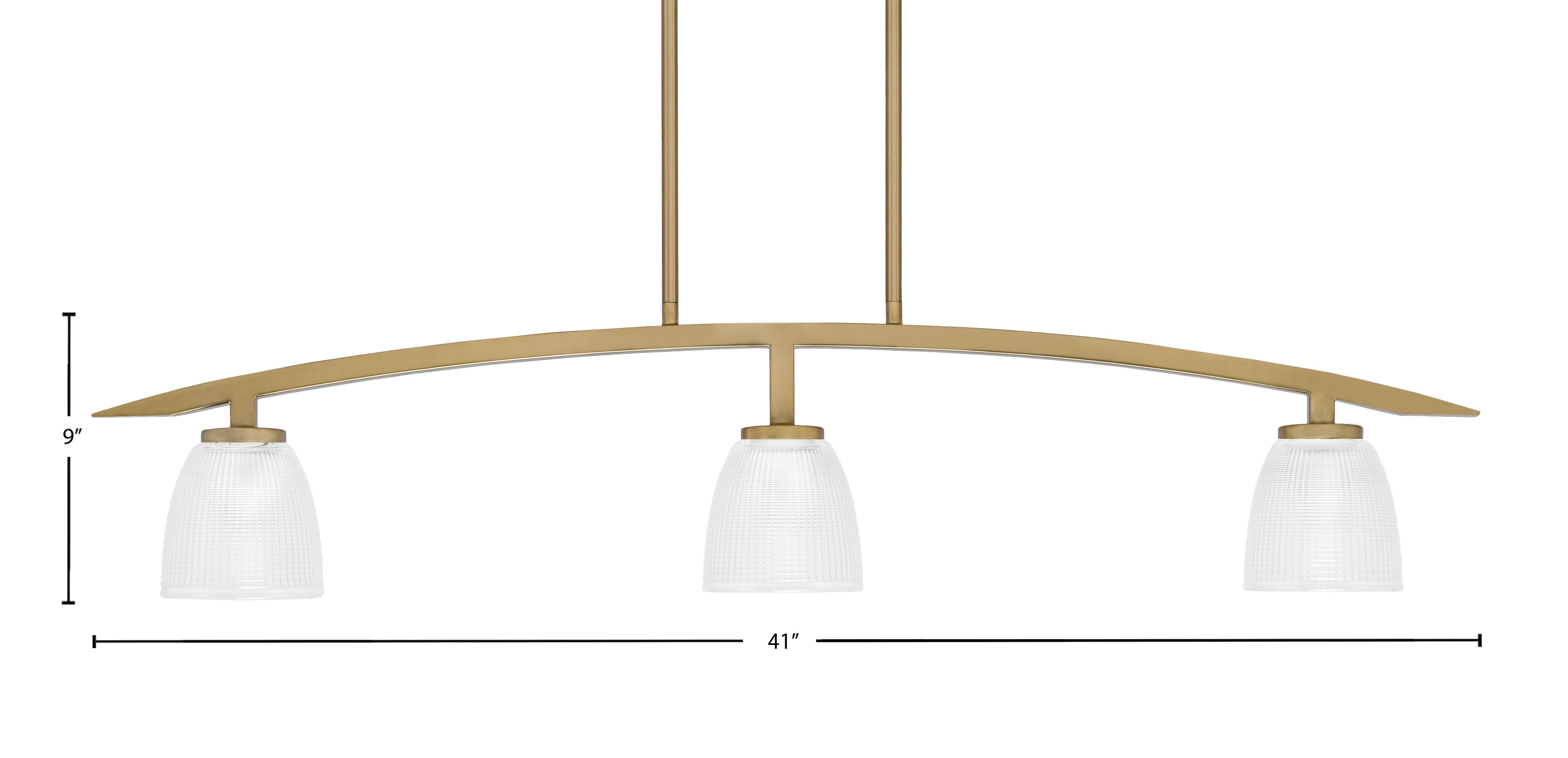 Kurve Three Light Island Pendant in New Age Brass with 5" Clear Ribbed Shade