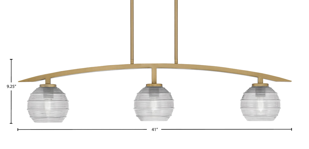 Kurve Three Light Island Pendant in New Age Brass with 6" Clear Ribbed Shade