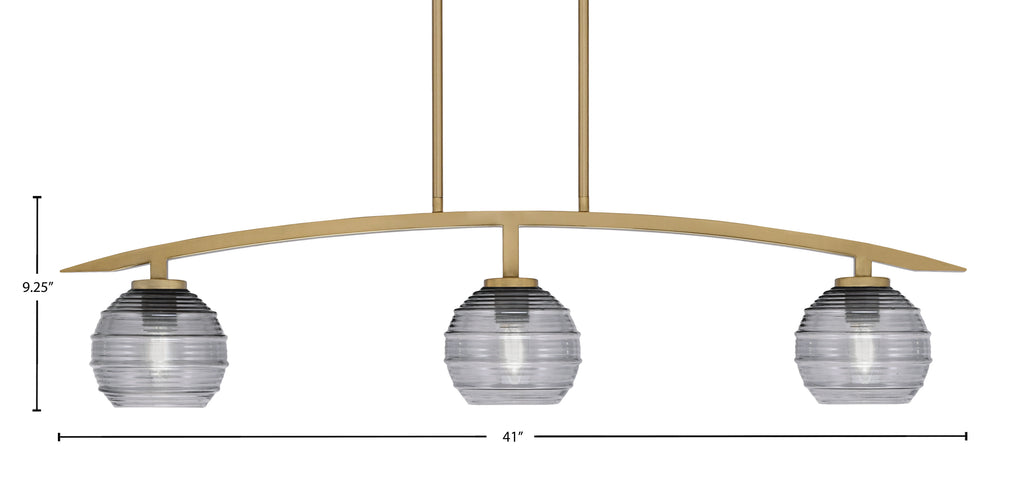 Kurve Three Light Island Pendant in New Age Brass with 6" Smoke Ribbed Shade