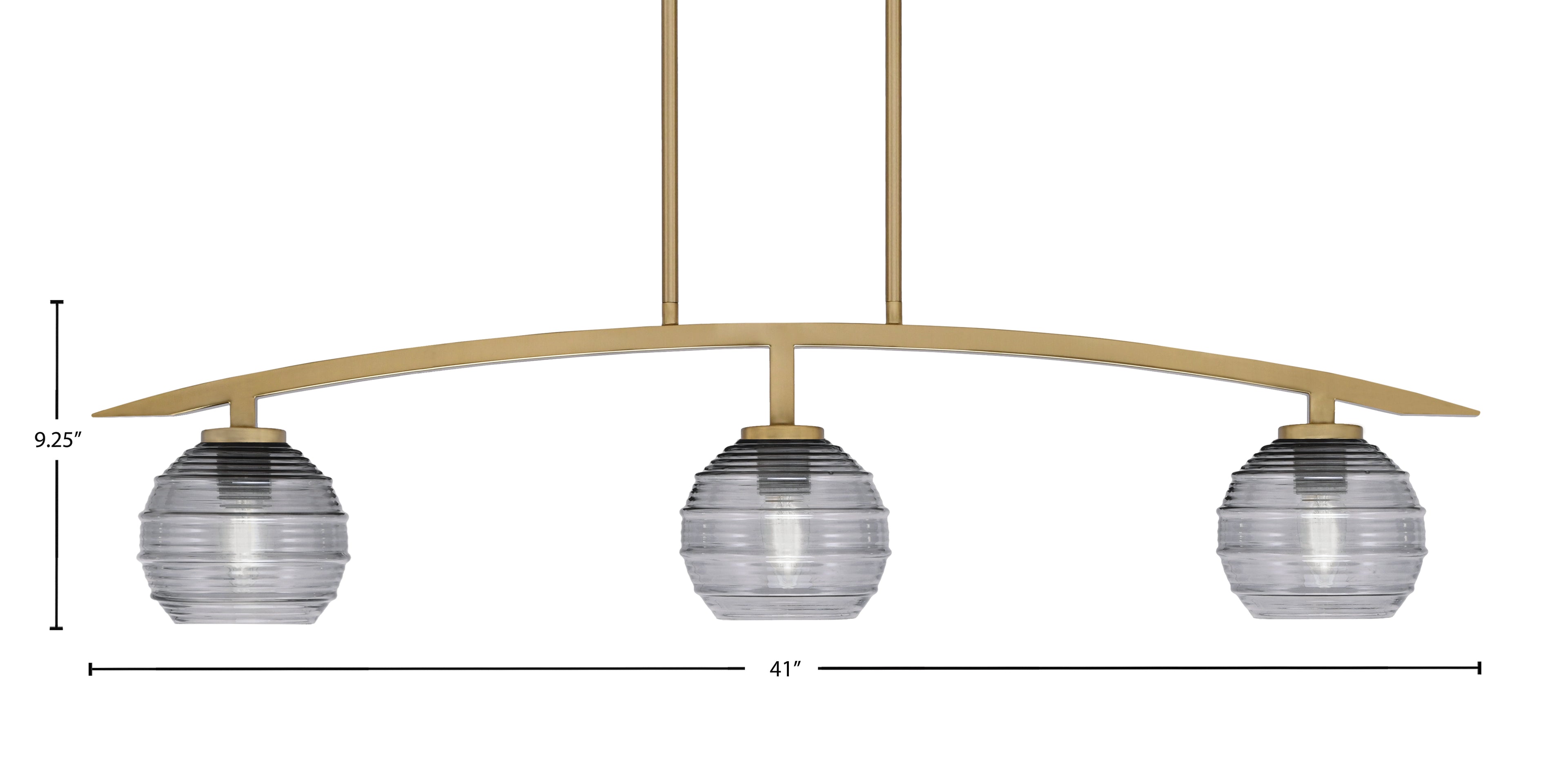 Kurve Three Light Island Pendant in New Age Brass with 6" Smoke Ribbed Shade