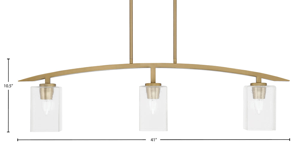 Kurve Three Light Island Pendant in New Age Brass with 4" Clear Bubble Shade