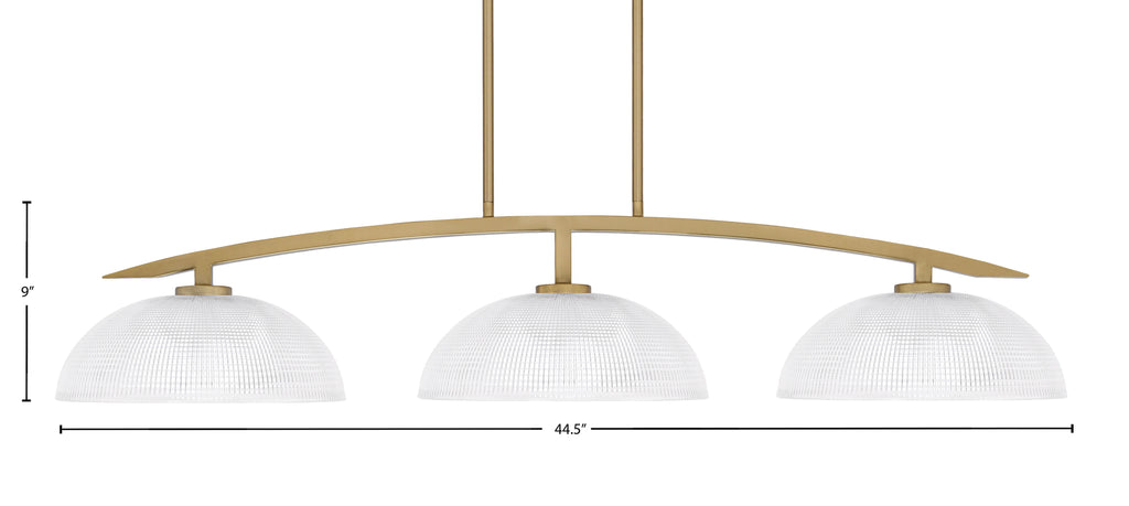 Kurve Three Light Island Pendant in New Age Brass with 13" Clear Ribbed Shade