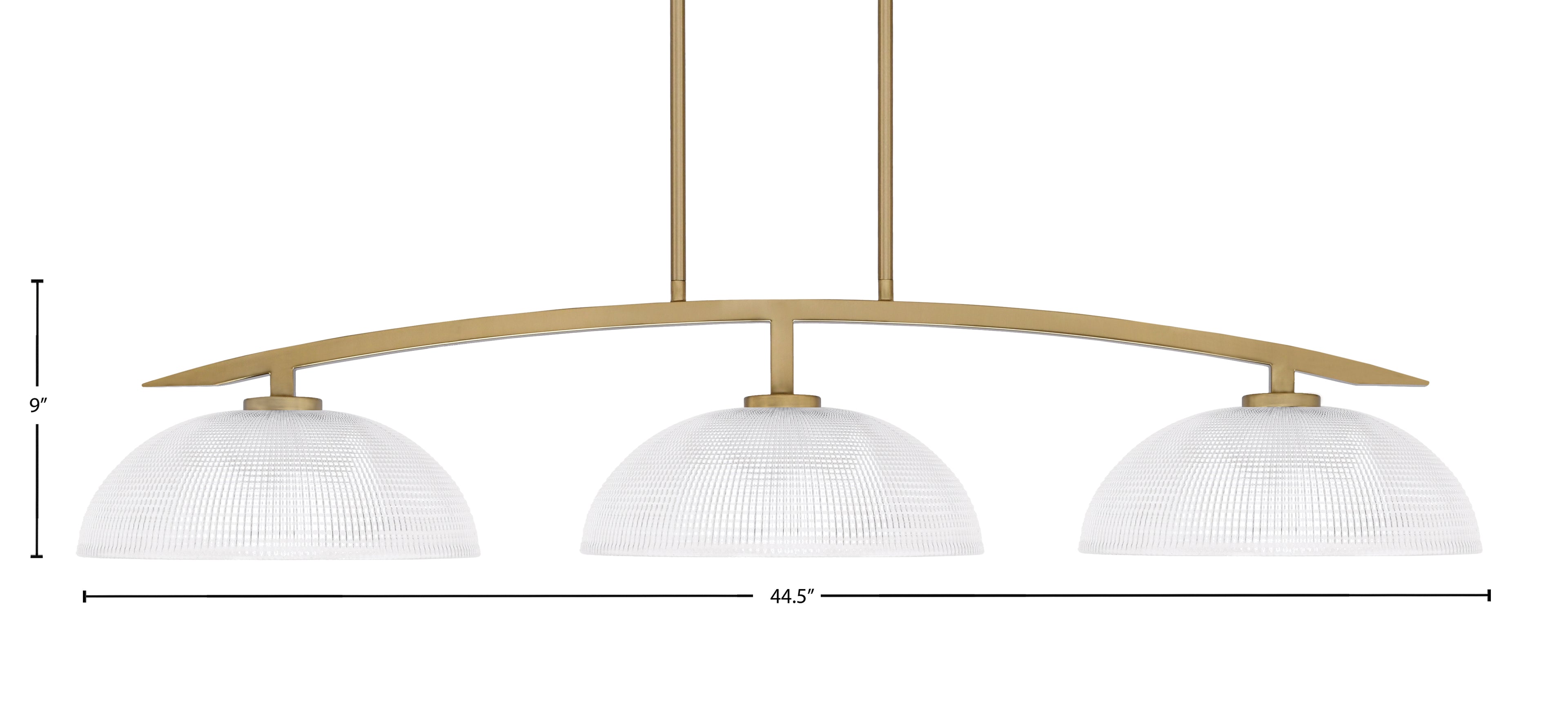 Kurve Three Light Island Pendant in New Age Brass with 13" Clear Ribbed Shade