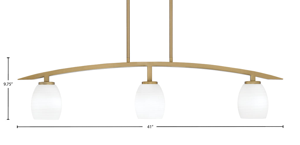 Kurve Three Light Island Pendant in New Age Brass with 5" White Linen Shade