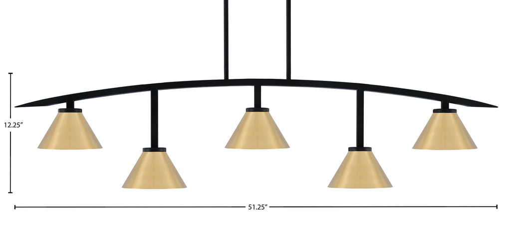 Kurve Five Light Bar in Matte Black with 7" New Age Brass Cone Metal Shade Shade