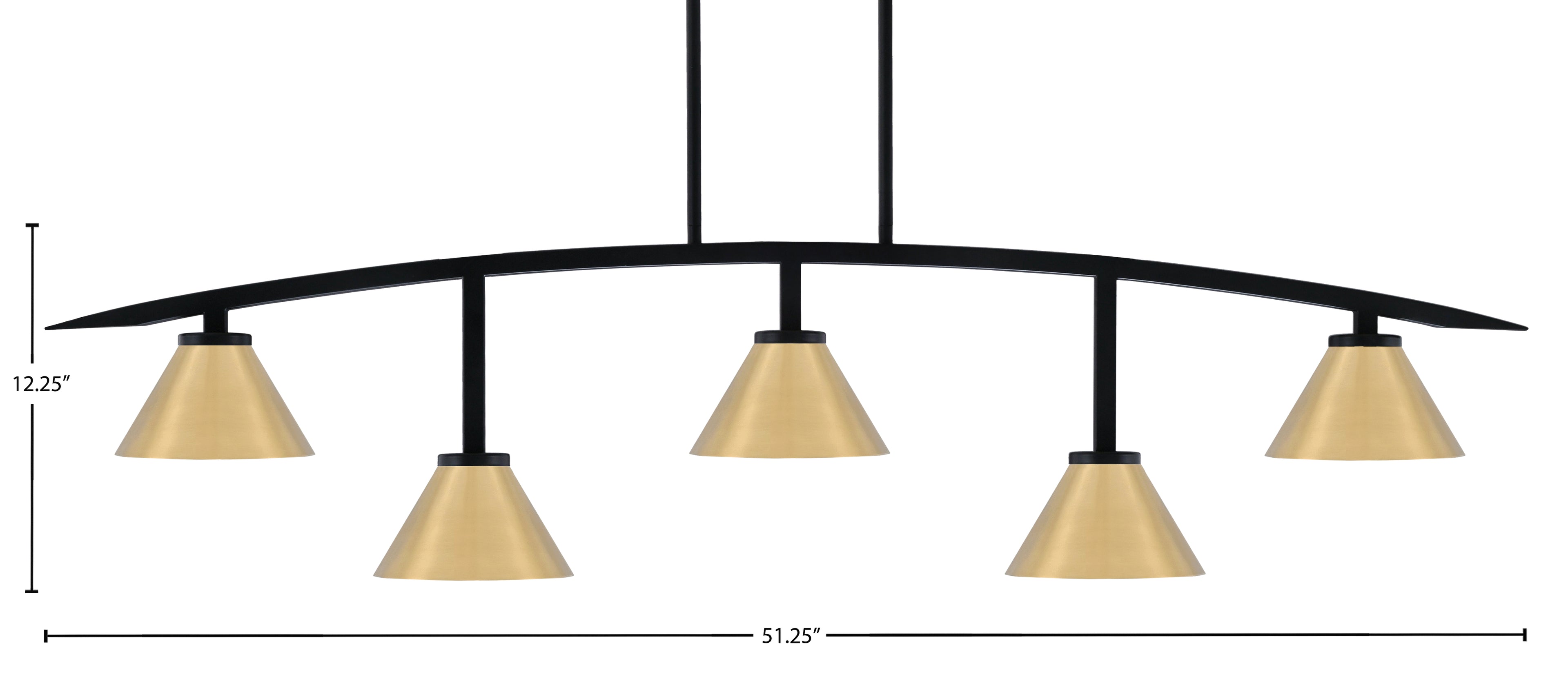 Kurve Five Light Bar in Matte Black with 7" New Age Brass Cone Metal Shade Shade