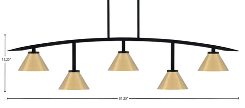 Kurve Five Light Bar in Matte Black with 7" New Age Brass Cone Metal Shade Shade
