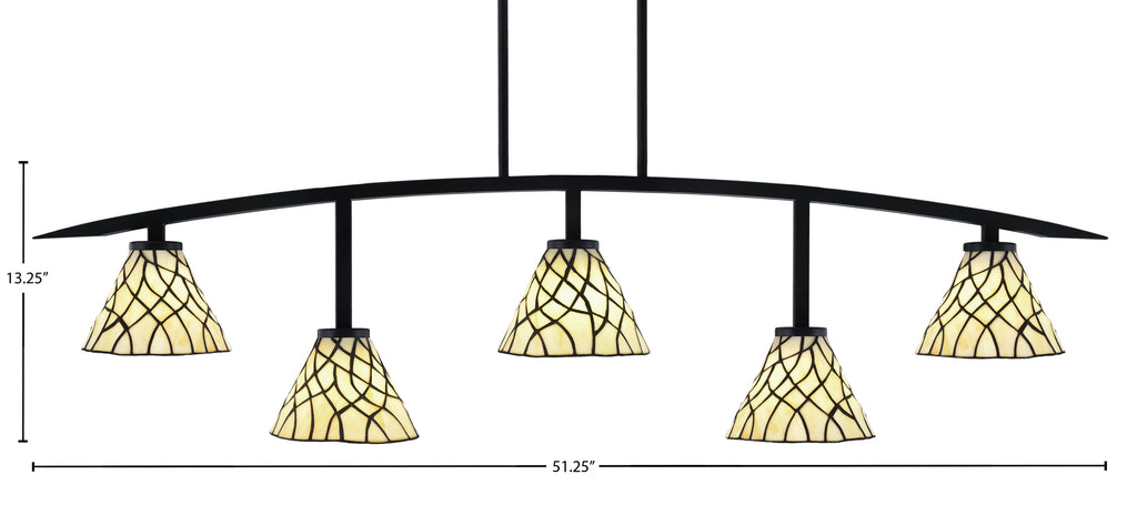 Kurve Five Light Bar in Matte Black with 7" Sandhill Art Glass Shade
