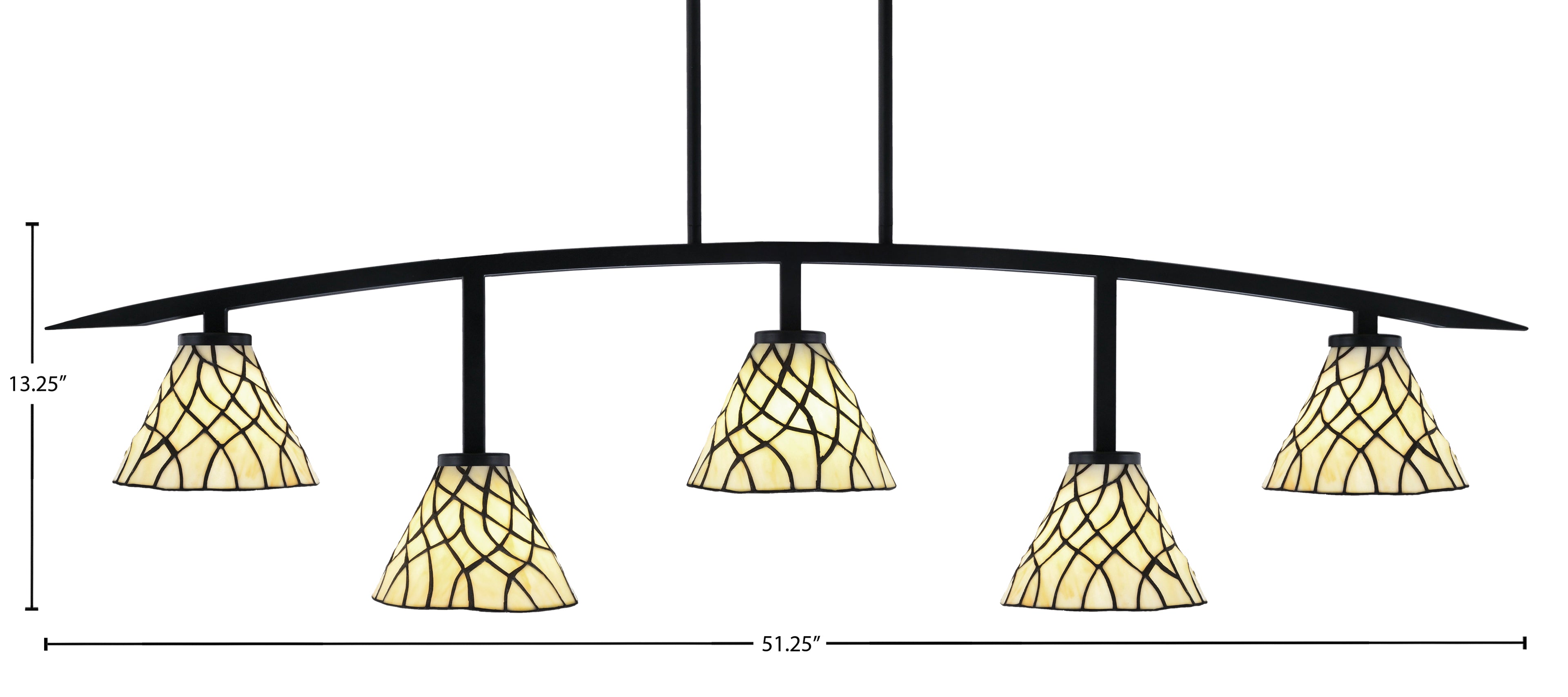 Kurve Five Light Bar in Matte Black with 7" Sandhill Art Glass Shade