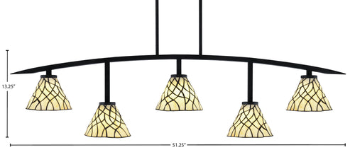 Kurve Five Light Bar in Matte Black with 7" Sandhill Art Glass Shade