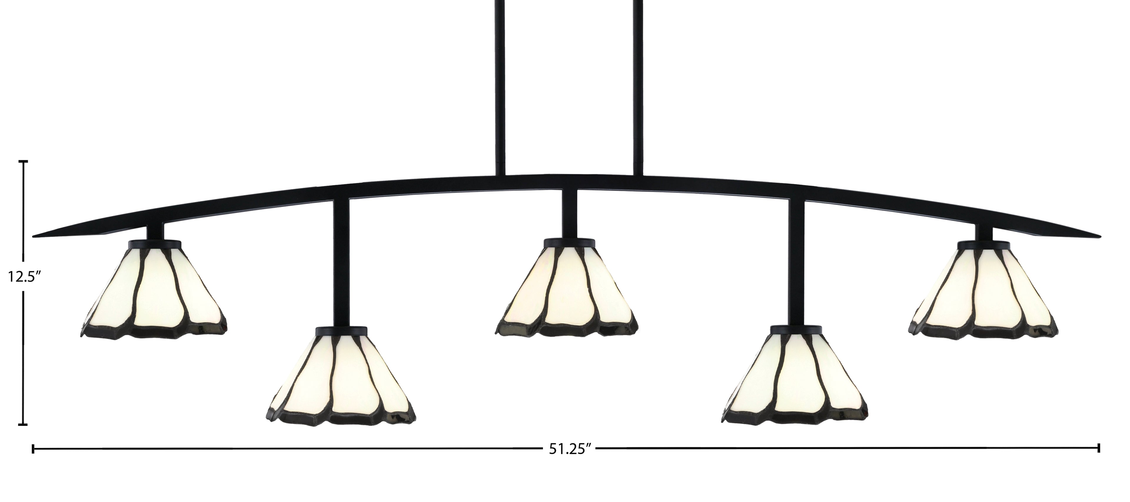 Kurve Five Light Bar in Matte Black with 7" Pearl & Black Flair Art Glass Shade